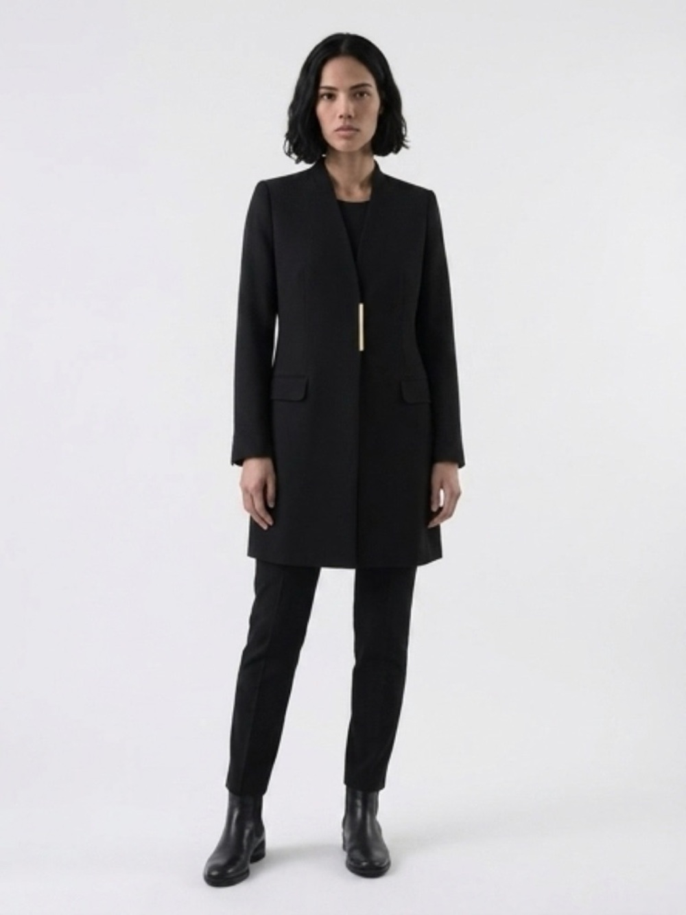 Donna Karan Black Long Tailored Blazer with Gold Accent